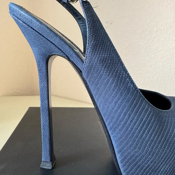 Saint Laurent Navy Blue Suede Tribtoo Slingback Heels 105mm - Picture 14 of 15